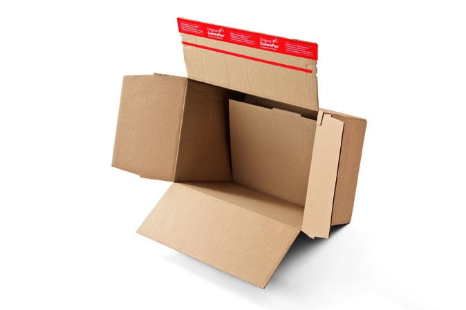 Self-sealing cardboard boxes with an instant bottom and a tear open strip